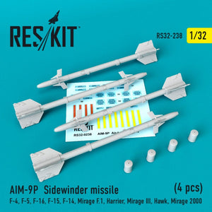 RESKIT RS32-0238 AIM-9P SIDEWINDER MISSILES (4PCS) 1/32