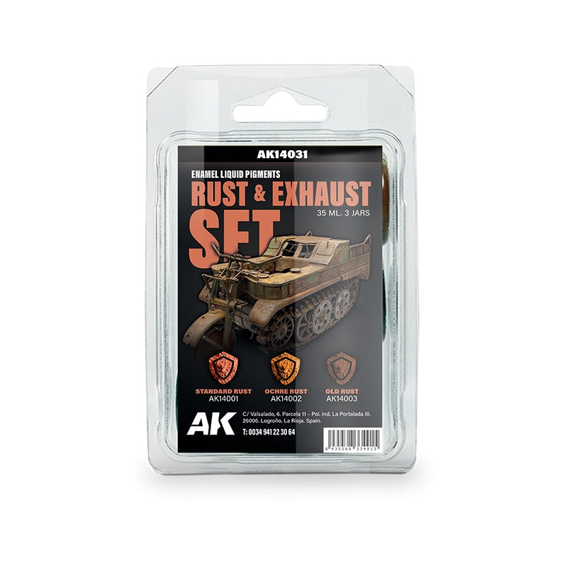 AK Interactive AK14031 RUST & EXHAUST SET – ENAMEL LIQUID PIGMENT SET 3x35ml