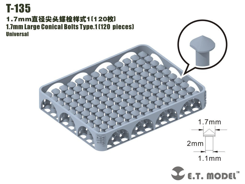 ET Model T-135 1.7mm Large Conical Bolts Type.1 120 pieces