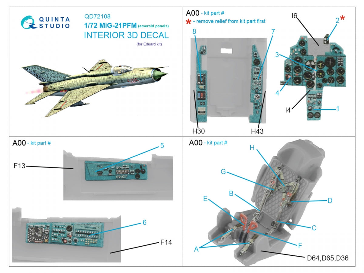 Quinta Studio QD72108 MiG-21PFM Emerald panels 3D-Printed &amp;amp; colored Interior on decal paper (Eduard) 1/72 – Bild 2
