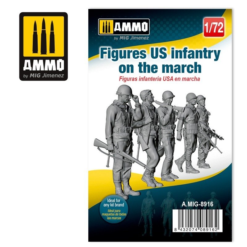 Munitions de Mig 8916. Figurines d'infanterie américaine en marche, échelle 1/72.