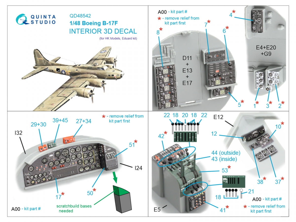 Quinta Studio QDS-48542 Boeing B-17F 3D-Printed &amp;amp; colored Interior on decal paper (HK models, Eduard) (small version) 1/48 – Bild 3