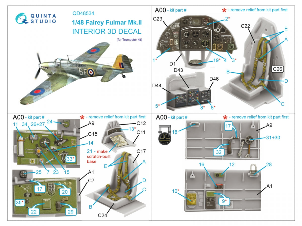 Quinta Studio QD48534 Fairey Fulmar Mk.II 3D-Printed &amp;amp; colored Interior on decal paper (Trumpeter) 1/48 – obrázek 2