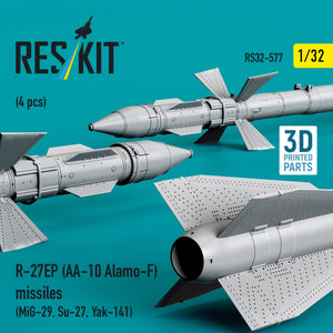 RESKIT RS32-0577 R-27EP (AA-10 Alamo-F) missiles (4 pcs) (MiG-29, Su-27, Yak-141) (3D Printed) 1/32