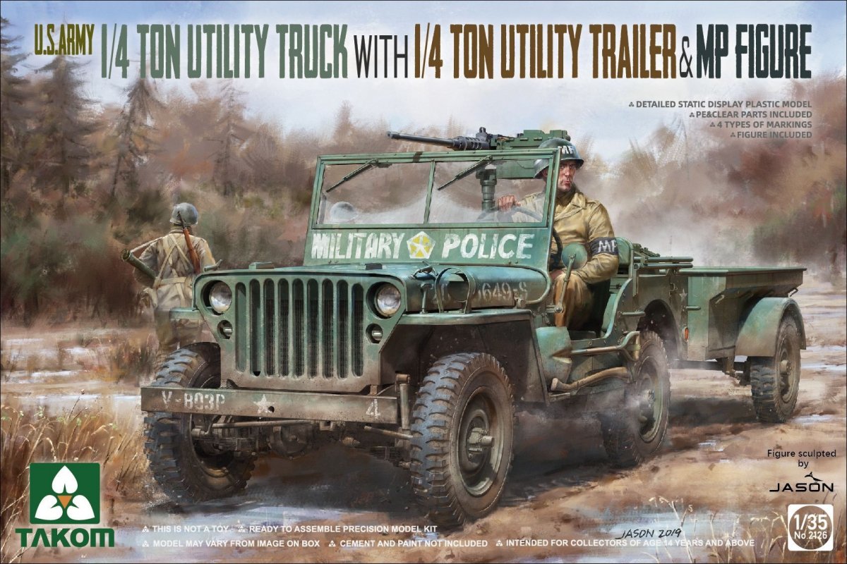Takom 2126 1/4 Ton Utility Truck with 1/4 Ton Utility Trailer &amp; MP Figure 1/35