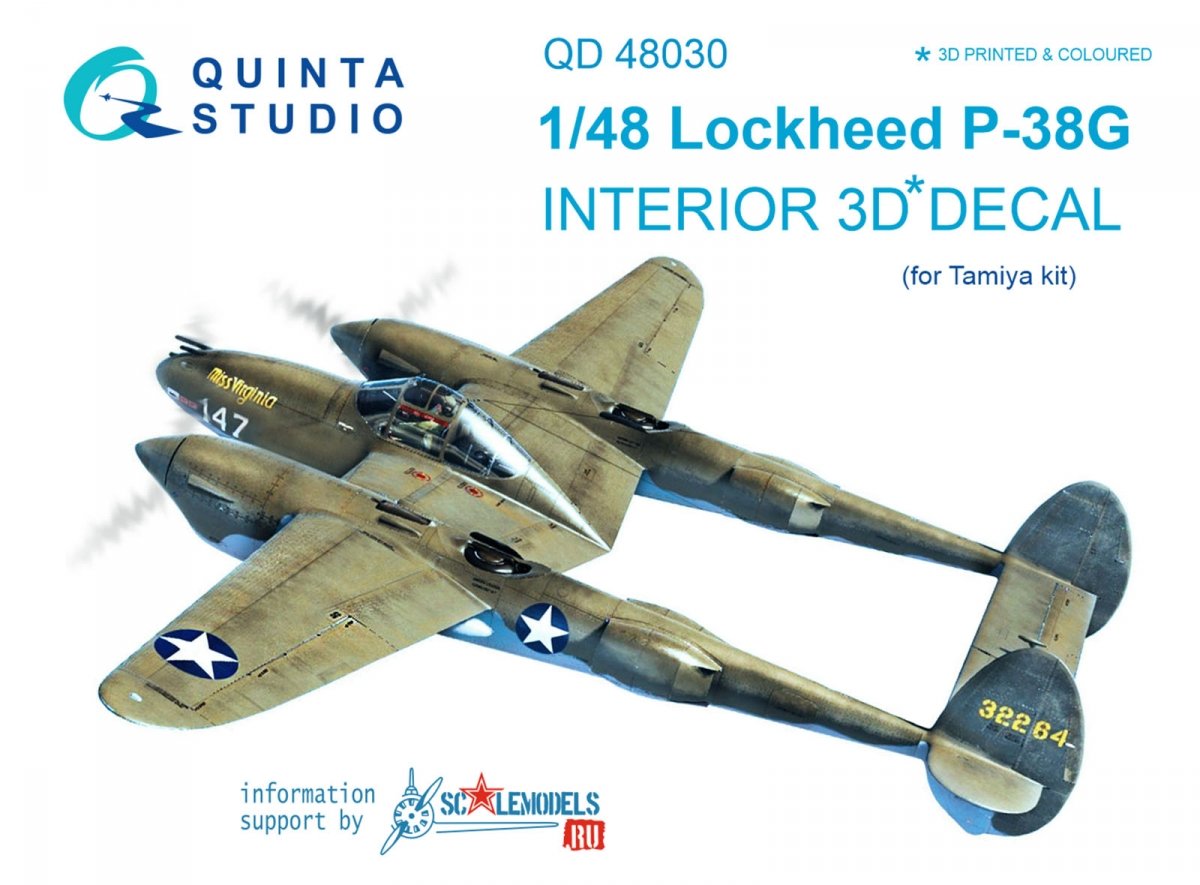 Quinta Studio QD48030 P-38G 3D-Printed &amp;amp; colored Interior on decal paper (for Tamiya kit) 1/48