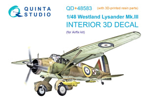 Quinta Studio QD+48583 Westland Lysander Mk.III 3D-Printed &amp;amp; colored Interior on decal paper (Airfix) (with 3D-printed resin parts) 1/48