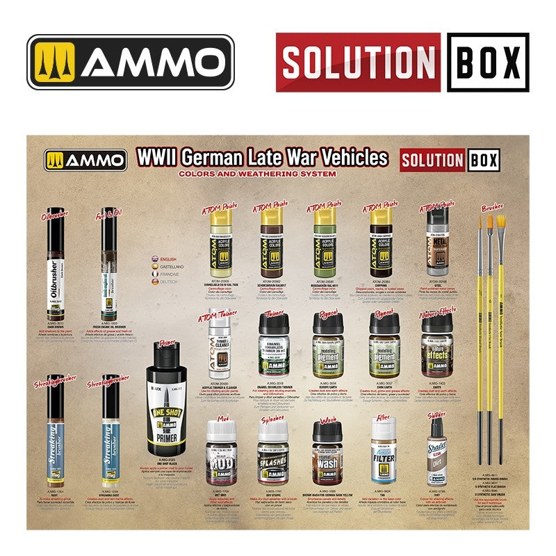 AMMO of Mig Jimenez 7729 SOLUTION BOX 23 – WWII German Late War Vehicles. Colors and Weathering System – imagen 3
