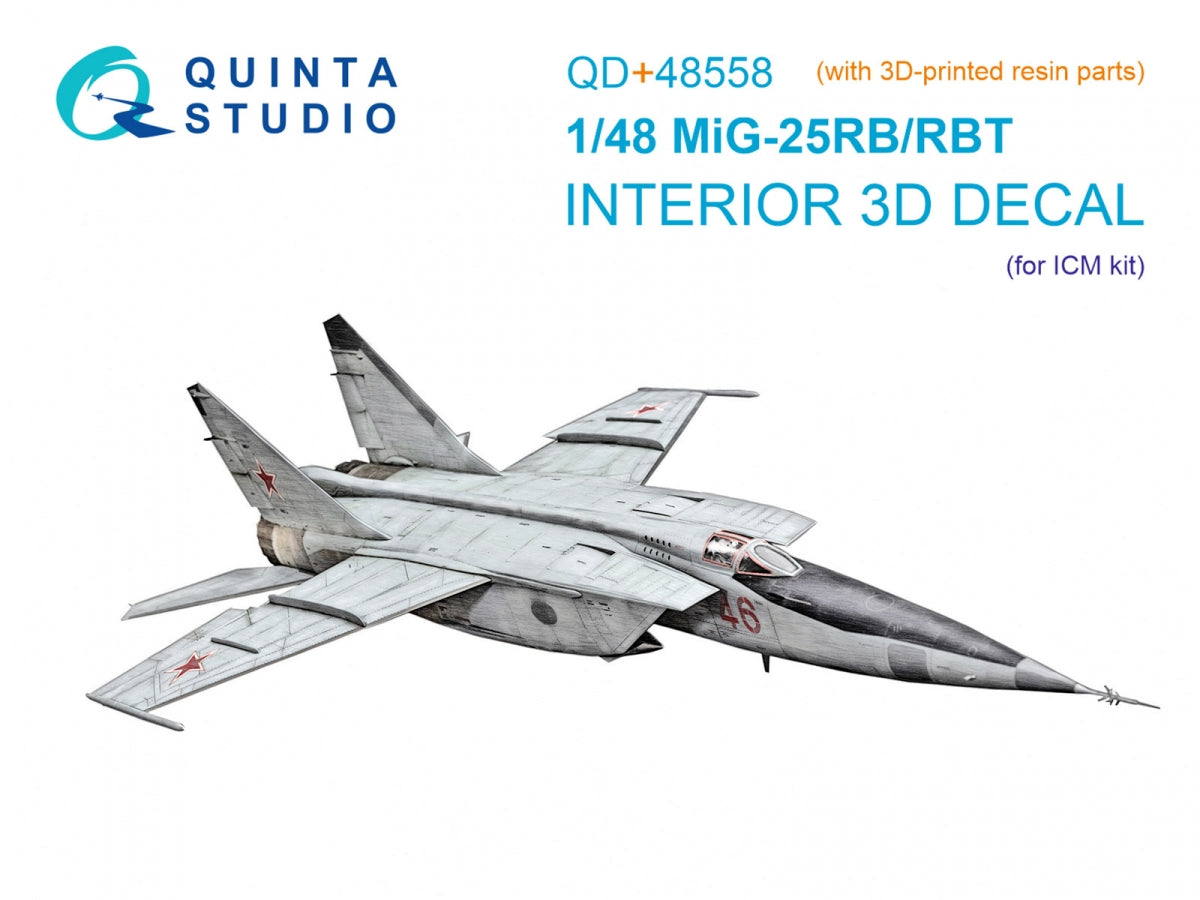 Quinta Studio QD+48558 MiG-25RB/MiG-25RBT 3D-Printed &amp; colored Interior on decal paper (ICM) (with 3D-printed resin parts) 1/48