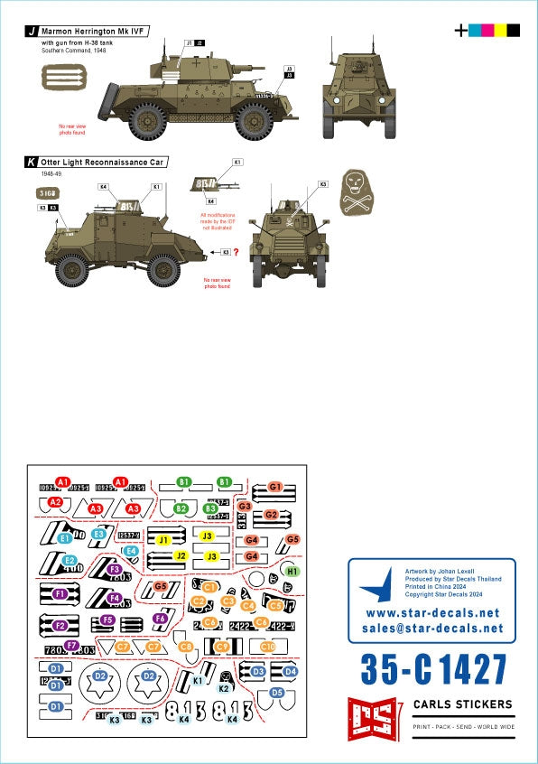 Star Decals 35-C1427 Early IDF markings # 1. Israeli armored cars and AFVs in 1948-49. Daimler AC Mk 2, Humber AC Mk IV, Humber LRC, Marmon-Herrington Mk IVF, M3 White Scout Car, Humber SC, CMP C15TA. 1/35 – image 3