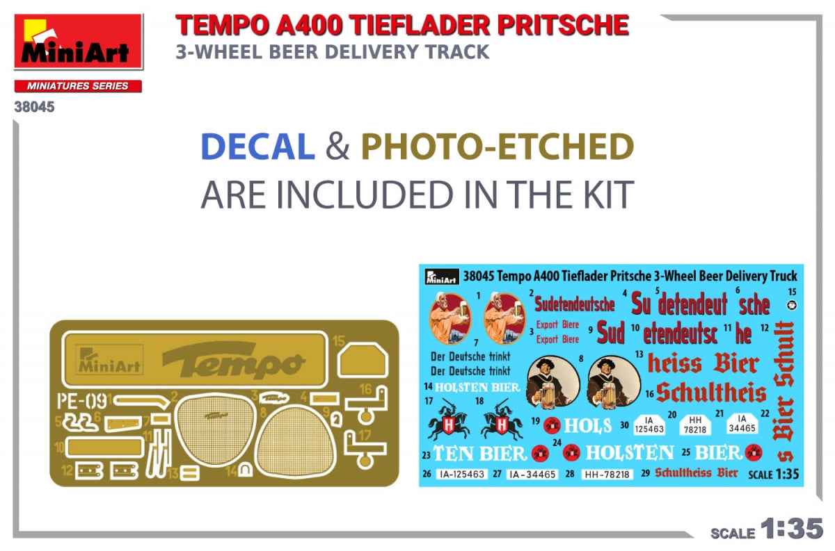 MiniArt 38045 TEMPO A400 TIEFLADER PRITSCHE 3-WHEEL BEER DELIVERY TRUCK 1/35 – image 2