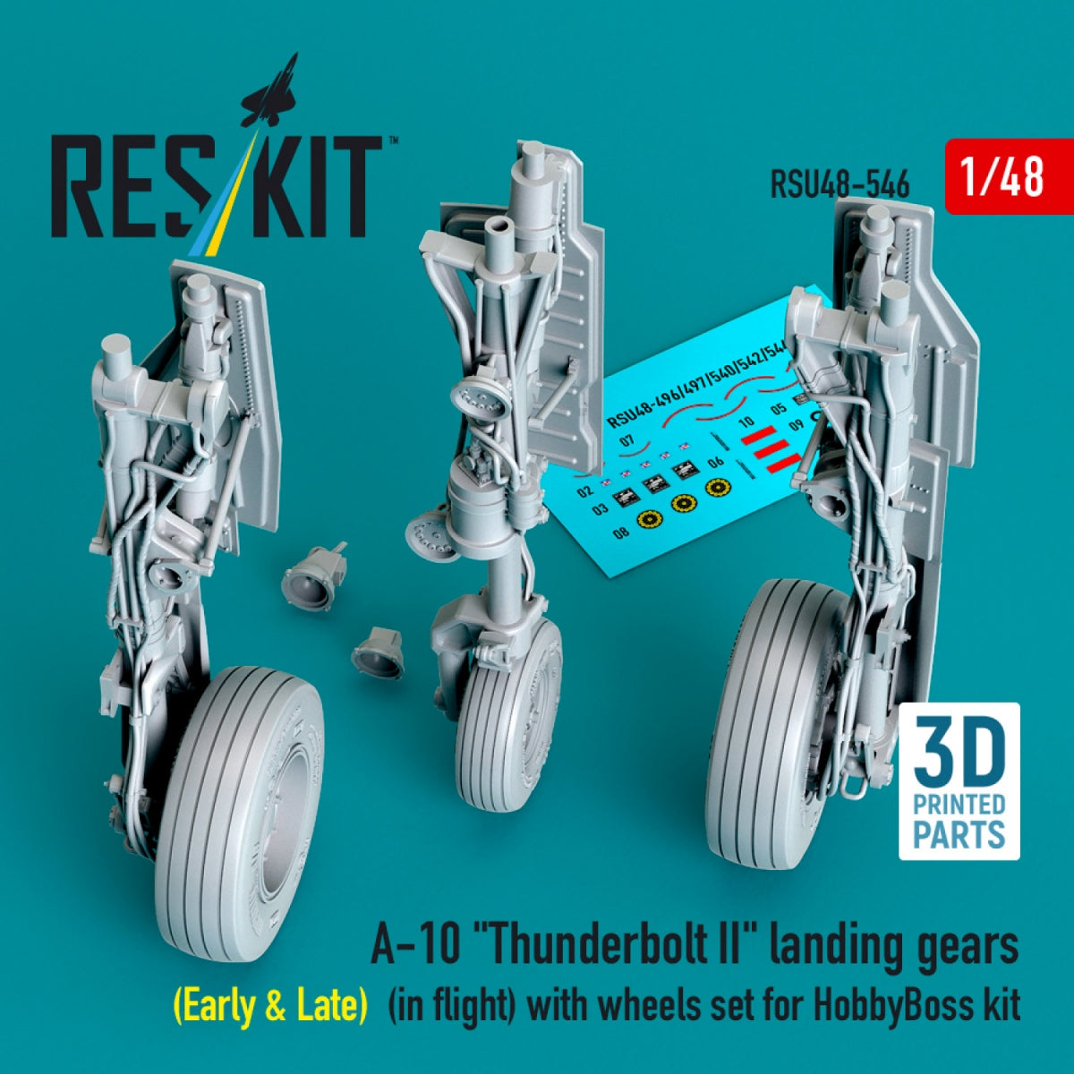 RESKIT RSU48-0546 A-10 "Thunderbolt II" landing gears (Early &amp; Late) (in flight) with wheels set for HobbyBoss kit (3D Printed) 1/48