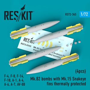 RESKIT RS72-0345 MK.82 BOMBS WITH MK.15 SNAKEYE FINS THERMALLY PROTECTED (4PCS) 1/72