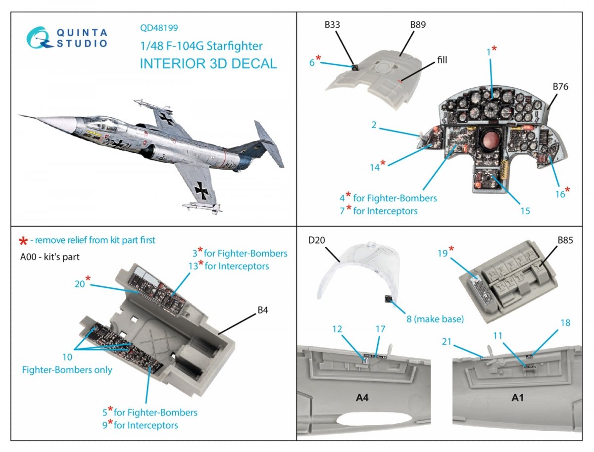 Quinta Studio QD48199 F-104G 3D-Printed &amp;amp; colored Interior on decal paper (Kinetic) 1/48 – image 2