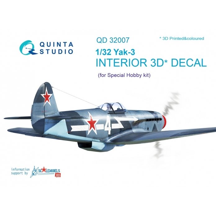 Quinta Studio QD32007 Yak-3 3D-Printed &amp; colored Interior on decal paper (for Special Hobby kit) 1/32