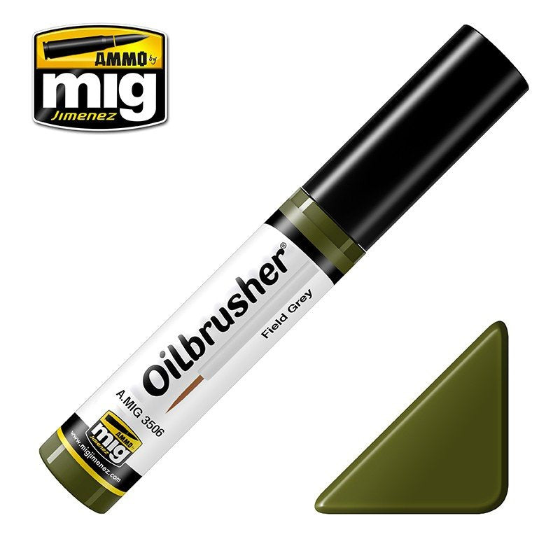 AMMO of Mig Jimenez 3506 Oilbrusher FIELD GREEN - oil paint with brush