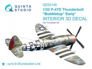 Quinta Studio QD32148 P-47D Thunderbolt Bubbletop Early 3D-Printed &amp;amp; colored Interior on decal paper (Trumpeter) 1/32
