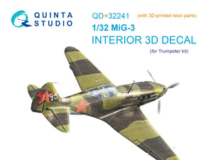 Quinta Studio QD+32241 MiG-3 3D-Printed &amp;amp; colored Interior on decal paper (Trumpeter) (with 3D-printed resin parts) 1/32