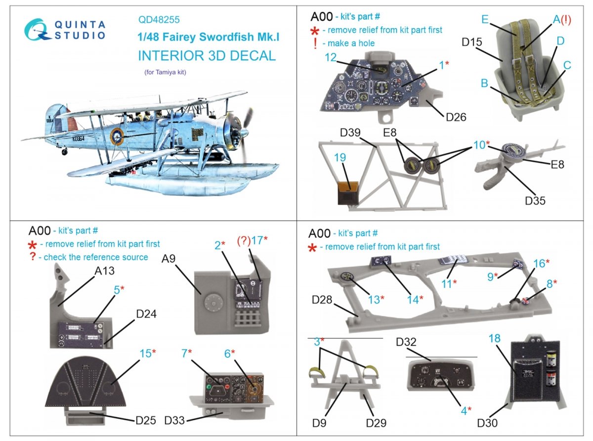 Quinta Studio QD48255 Swordfish Mk.I 3D-Printed &amp;amp; colored Interior on decal paper (Tamiya) 1/48 – obrázek 2