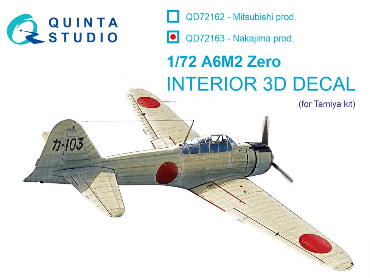 Quinta Studio QD72163 A6M2 Zero (Nakajima Prod.) 3D-Printed colored Interior on decal paper (Tamiya) 1/72