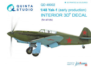 Quinta Studio QD48002 Yak-1 (early production) 3D-Printed &amp;amp; colored Interior on decal paper (for all kits) 1/48