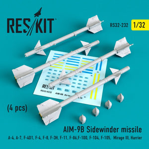RESKIT RS32-0232 AIM-9B SIDEWINDER MISSILES (4PCS) 1/32