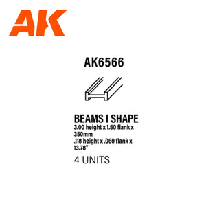 AK Interactive AK6566 BEAMS I SHAPE 3.00 x 1.50 x 350mm – STYRENE – (4 units)