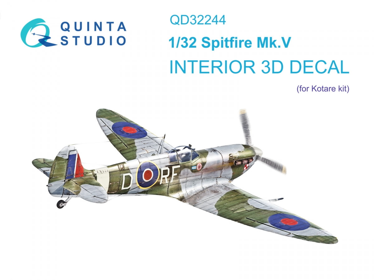 Quinta Studio QD32244 Spitfire Mk.V 3D-Printed &amp; colored Interior on decal paper (Kotare) 1/32