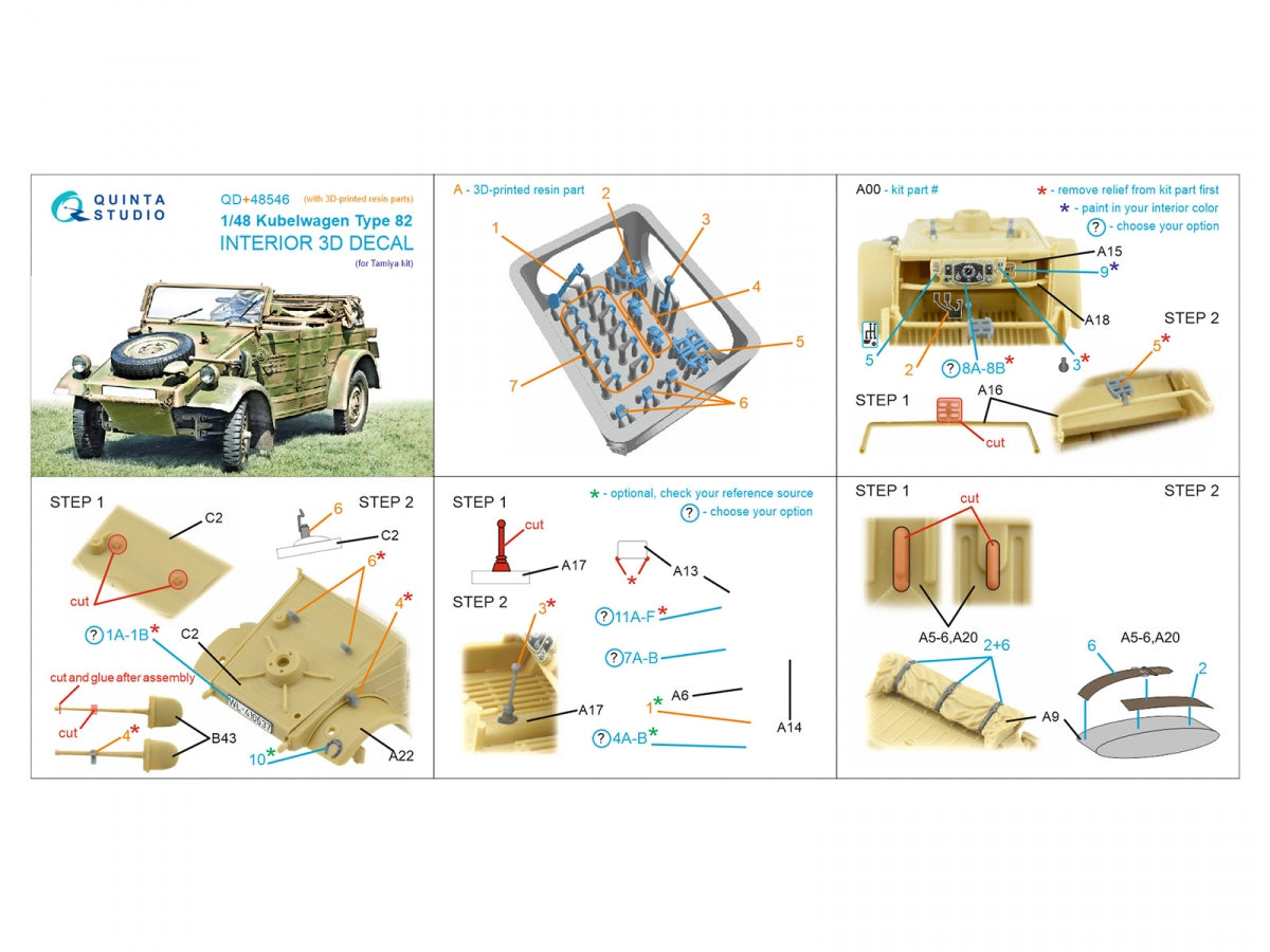 Quinta Studio QD+48546 Kubelwagen Type 82 3D-Printed &amp;amp; colored Interior on decal paper (Tamiya) (with 3D-printed resin parts) 1/48 – image 13