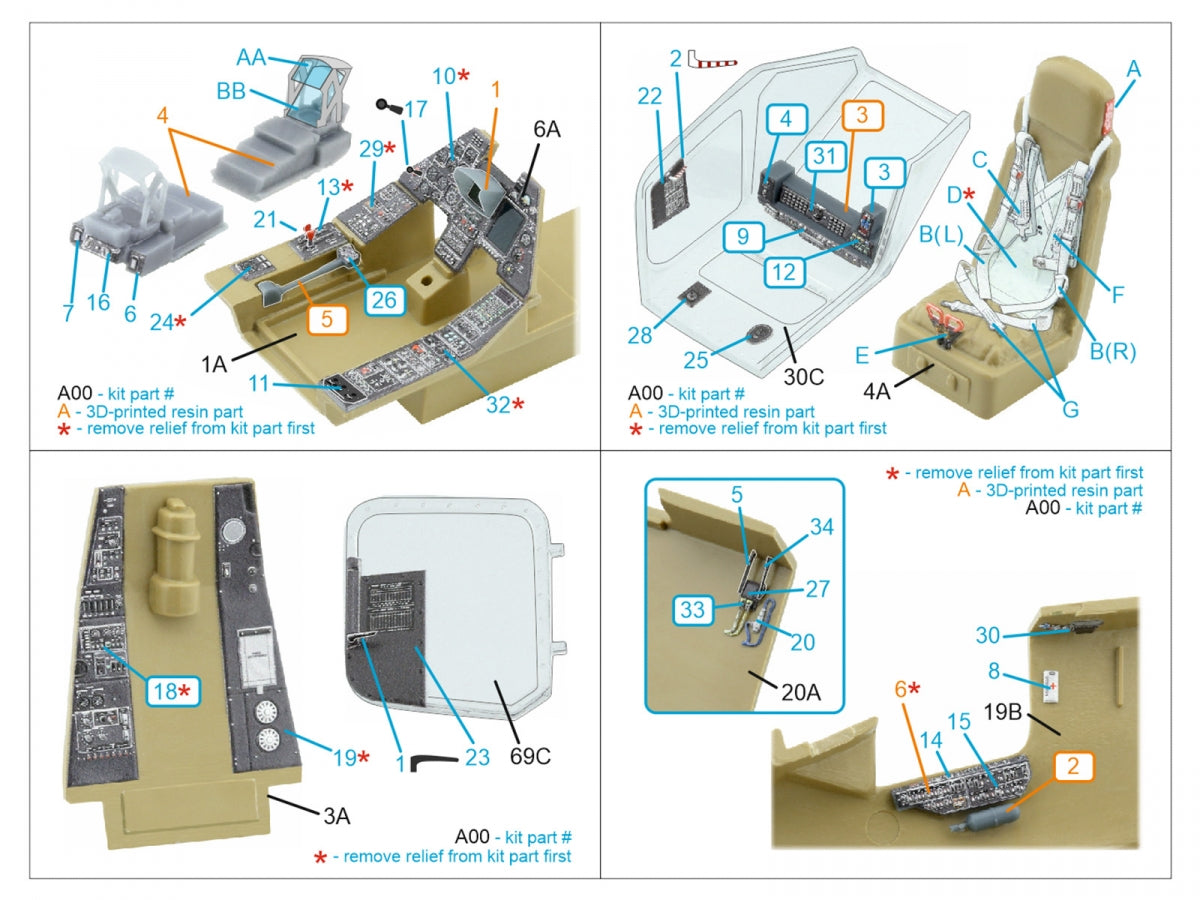 Quinta Studio QD+48638 Ka-50 (black panels) 3D-Printed &amp; coloured Interior on decal paper (Italeri) (with 3D-printed resin parts) 1/48