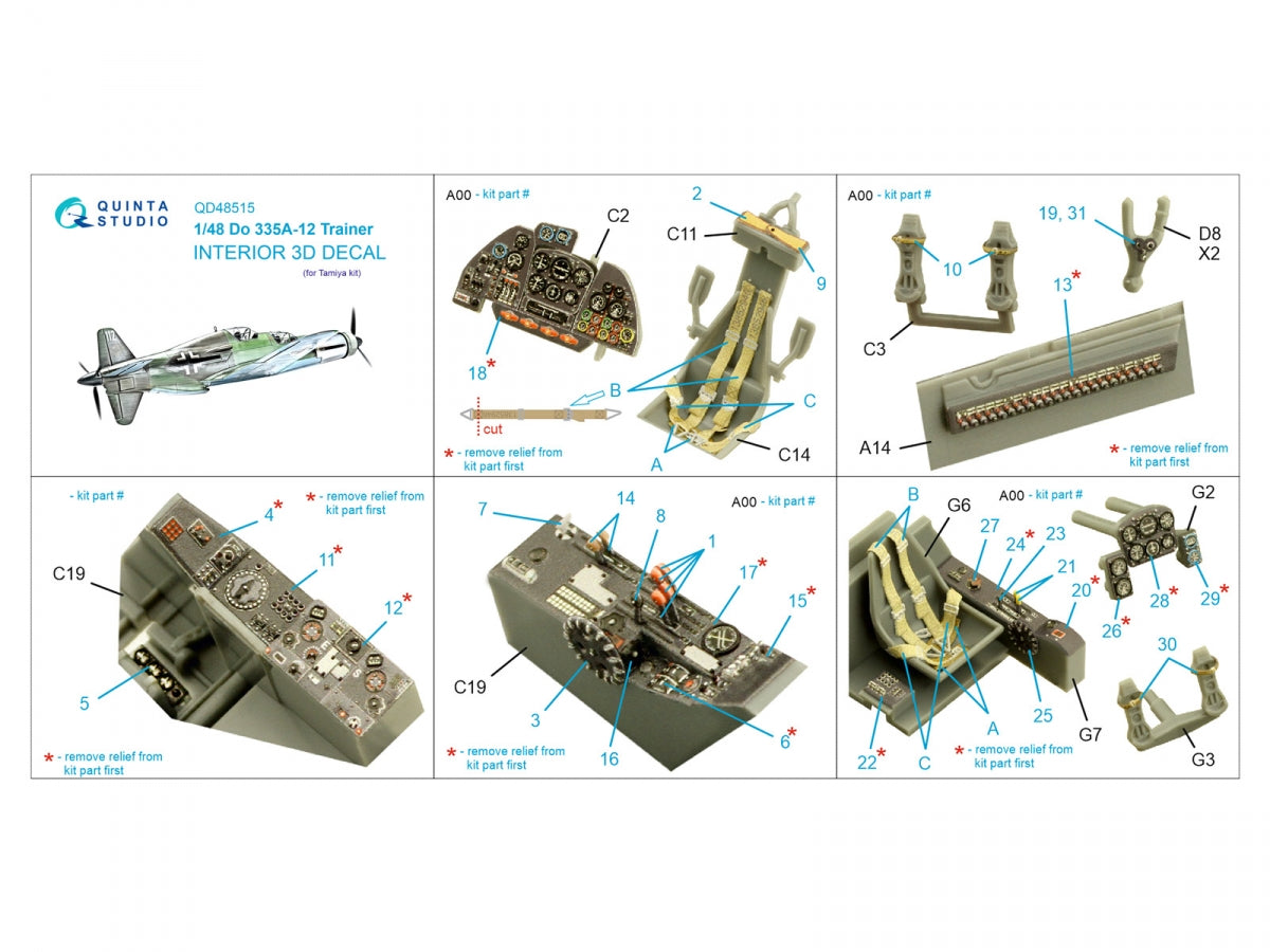 Quinta Studio QD48515 Do 335A-12 Trainer 3D-Printed &amp;amp; colored Interior on decal paper (Tamiya) 1/48 – Bild 2