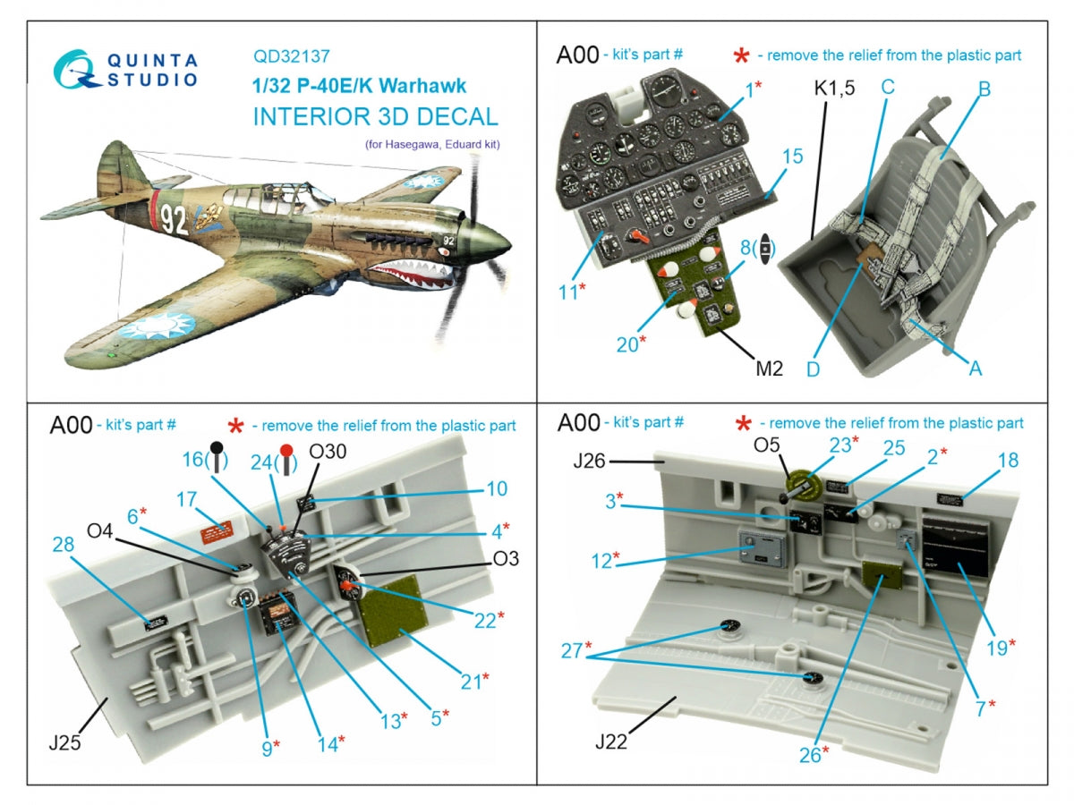 Quinta Studio QD32137 P-40E/K 3D-Printed &amp;amp; colored Interior on decal paper (Hasegawa) 1/32 – Bild 2