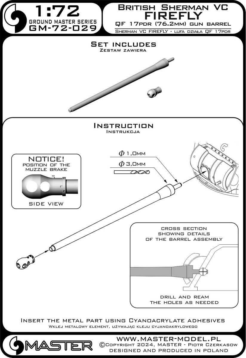 Master GM-72-029 Sherman VC Firefly - QF 17pdr gun barrel (76.2mm) 1/72 – Bild 6