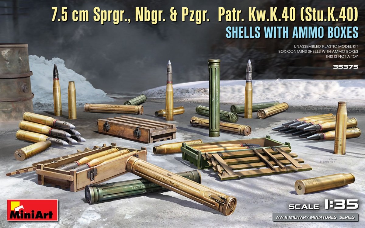MiniArt 35375 7.5 cm Sprgr., Nbgr. &amp;amp; Pzgr. See Kw.K.40 (Stu.K.40) SHELLS WITH AMMO BOXES 1/35