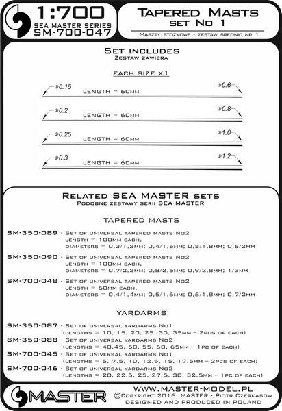 Master SM-700-047 Set of universal tapered masts No1 (length = 60mm each, diameters = 0.15/0.6mm; 0.2/0.8mm; 0.25/1mm; 0.3/1.2mm) 1/700 – image 3