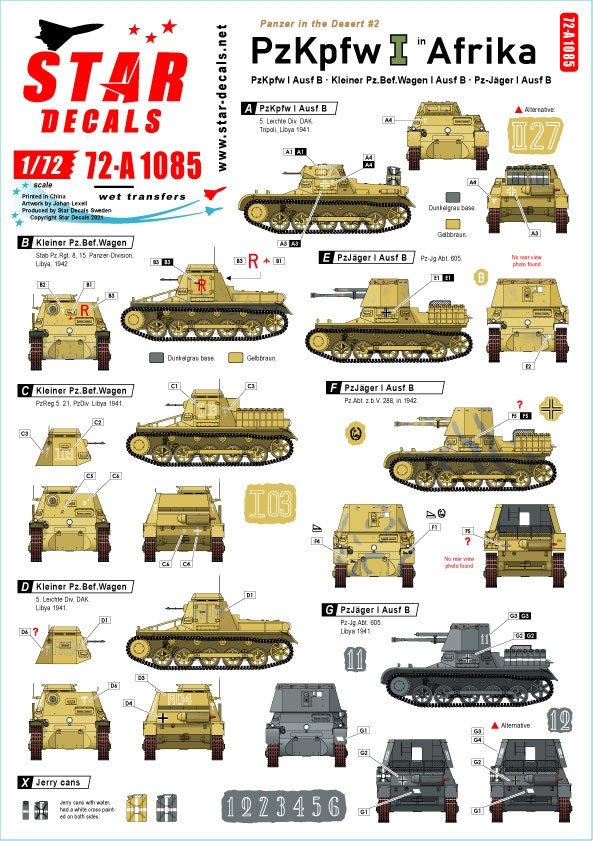 Star Decals 72-A1085 Panzer in the Desert # 2. PzKpfw I Ausf B, Kleiner Pz-Befehls Wagen IB, and Pz-Jäger IB in North Africa 1/72