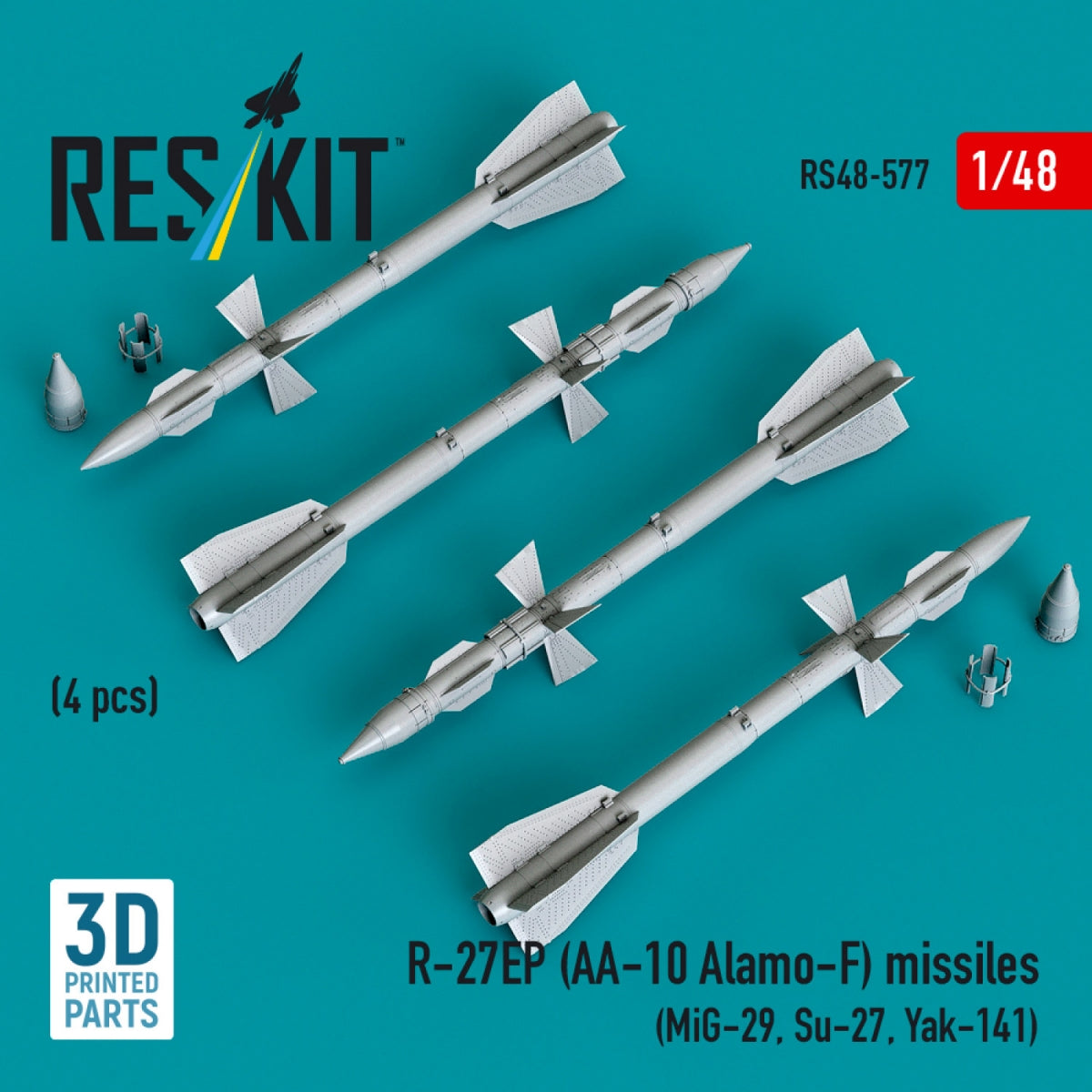 RESKIT RS48-0577 R-27EP (AA-10 Alamo-F) missiles (4 pcs) (MiG-29, Su-27, Yak-141) (3D Printed) 1/48