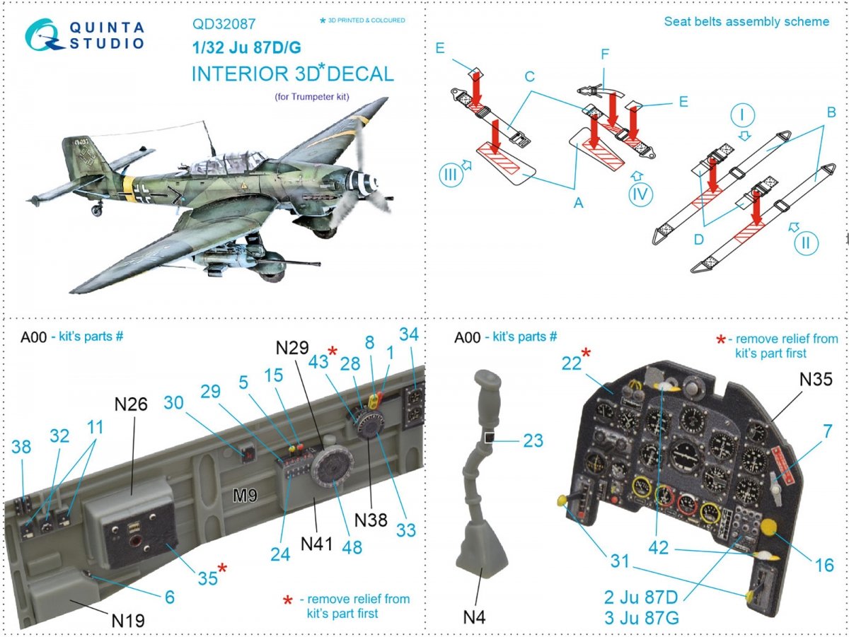Quinta Studio QD32087 Ju87 D/G 3D-Printed &amp;amp; colored Interior on decal paper (Trumpeter) 1/32 – imagen 8