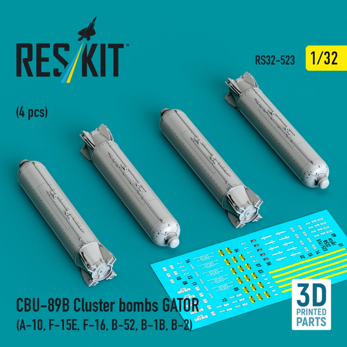 RESKIT RS32-0523 CBU-89B cluster bombs GATOR (4 pcs) (3D Printed) 1/32