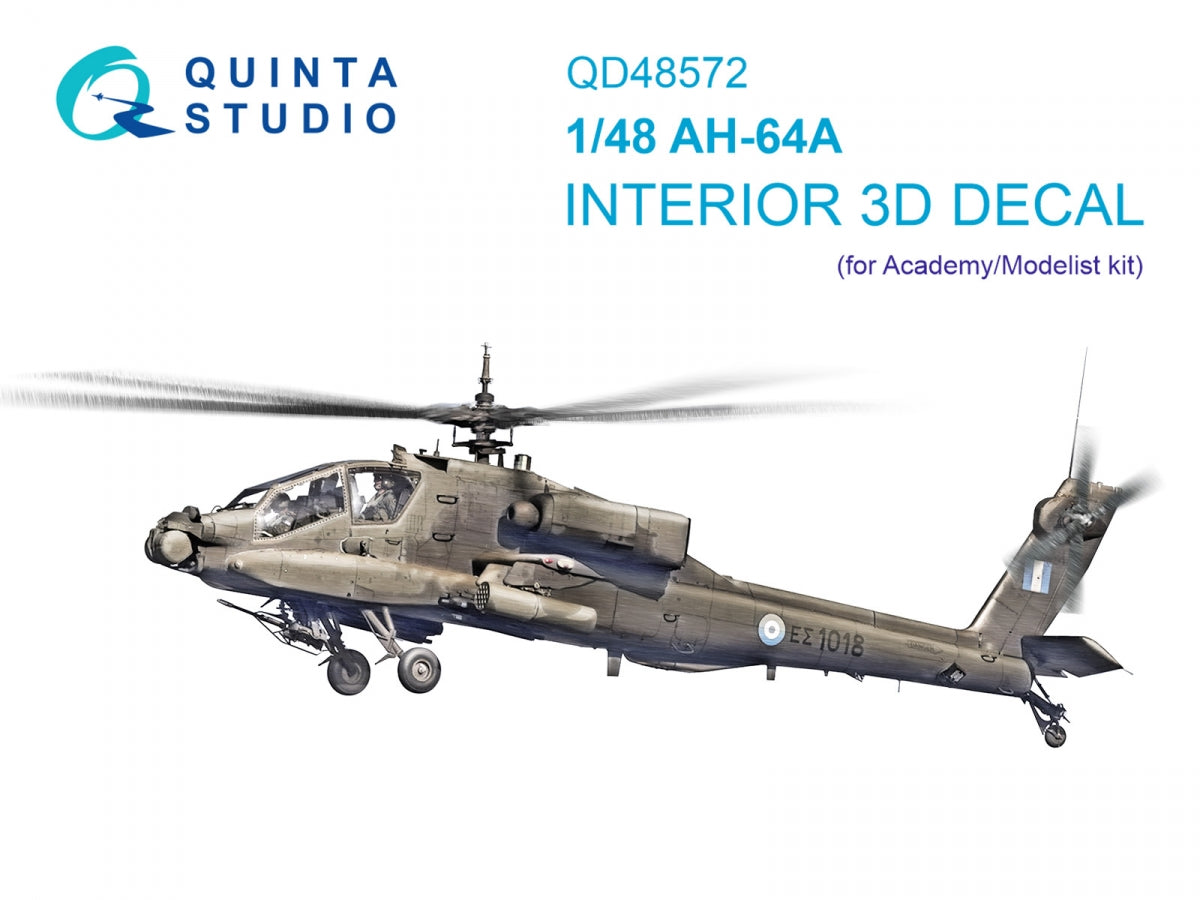 Quinta Studio QD48572 AH-64A 3D-Printed &amp;amp; colored Interior on decal paper (Academy/Modelist) 1/48