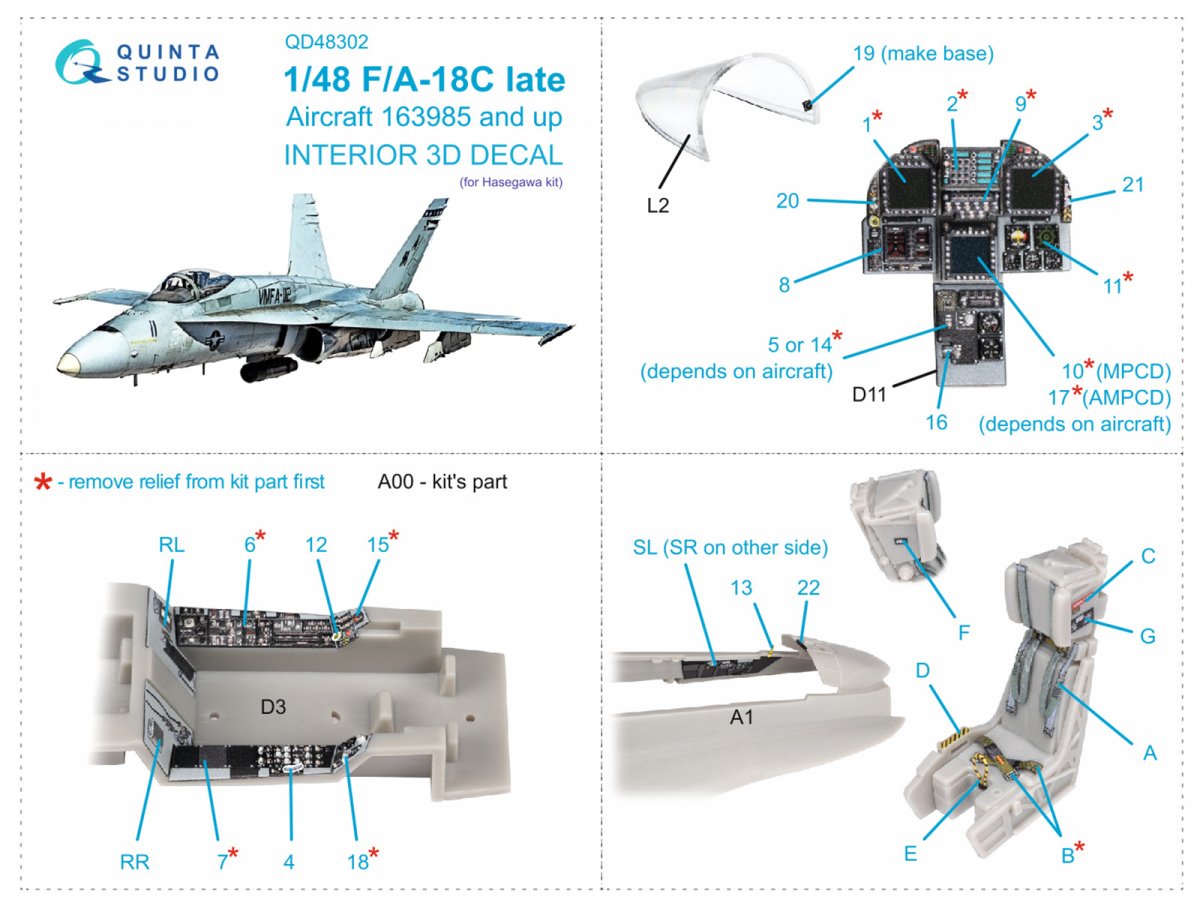 Quinta Studio QD48302 F/A-18C late 3D-Printed &amp;amp; colored Interior on decal paper (Hasegawa) 1/48 – image 2