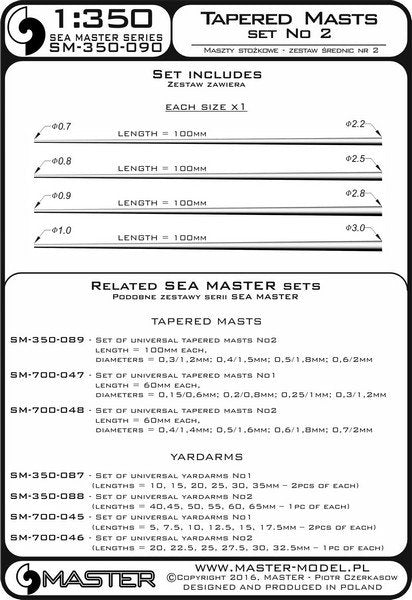Master SM-350-090 Set of universal tapered masts No2 (length = 100mm each, diameters = 0.7/2.2mm; 0.8/2.5mm; 0.9/2.8mm; 1/3mm) 1/350 – imagen 3