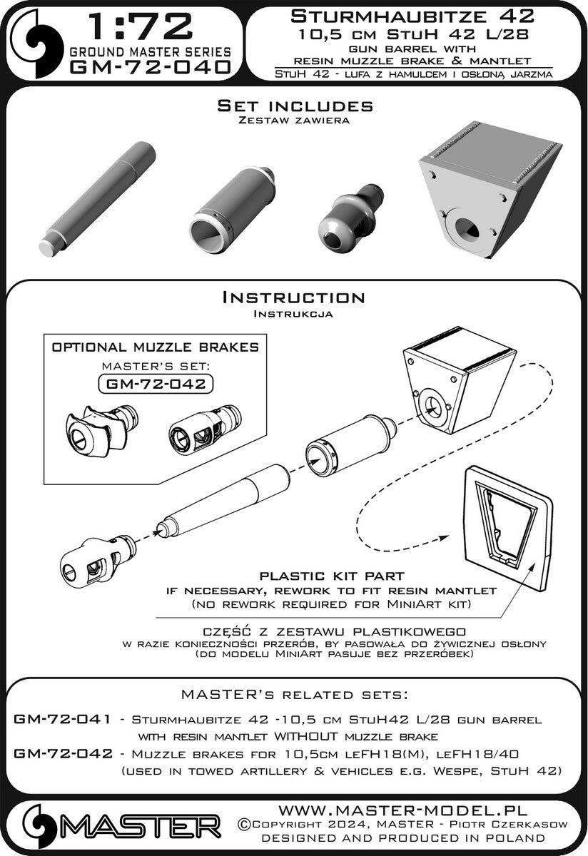 Master GM-72-040 Sturmhaubitze 42 - 10.5 cm StuH 42 L/28 - working barrel with resin muzzle brake and mantlet cover 1/72 – Bild 9