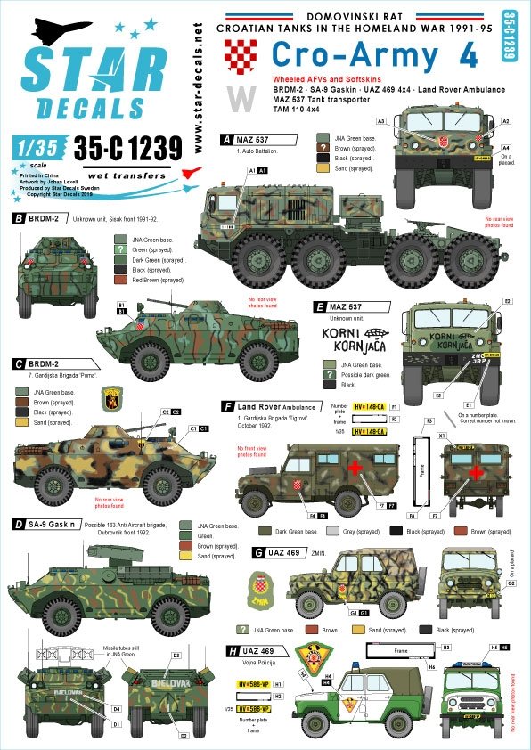 Star Decals 35-C1239 BRDM-2, SA-9 Gaskin, UAZ 469 4x4, Land Rover Ambulance, MAZ 537 Tank Transporter, TAM 110 4x4 Light Truck 1/35