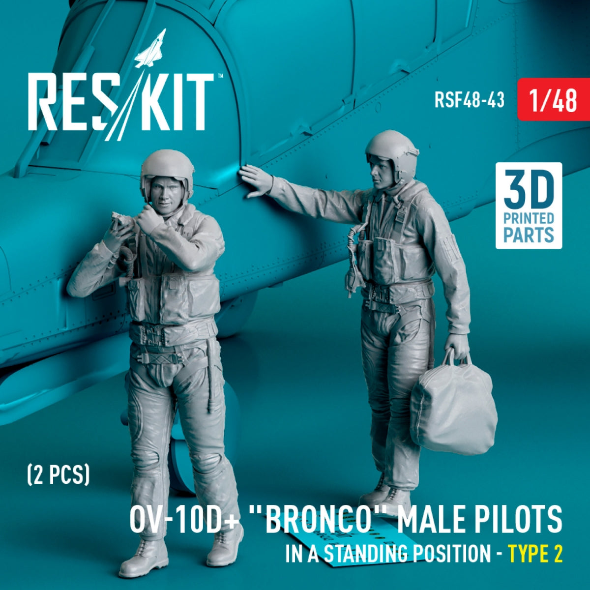 RESKIT RSF48-0043 OV-10D+ "Bronco" male pilots (in a standing position - type 2) (2 pcs) (3D Printed) 1/48
