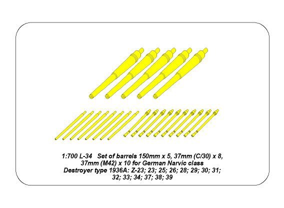 Aber 1/700L-34 Set of Barrels for Narvic class destroyers type 1936A: 150mm x 5; 37mm x 8; 37mm(M42) x 10; 1/700 – image 5