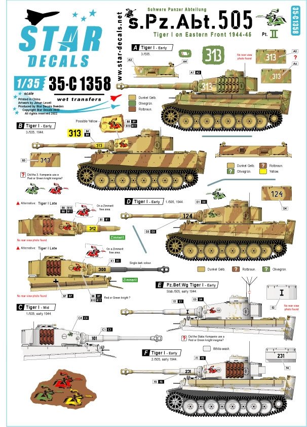 Star Decals 35-C1358 s.Pz.Abt. 505 1943-44 Tiger I sur le front de l&amp;#39;Est 1944-45. Tiger I de début et milieu de production et Befehls-Tiger 1/35