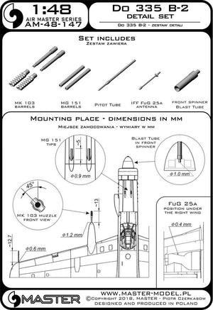 Master AM-48-147 Do 335 B-2 – detail set – MG 151, MK-103 tip, FuG 25a antenna, pitot tube (1/48) – image 3