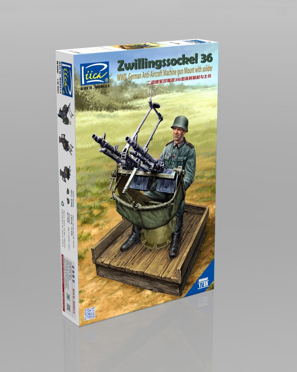 Riich RV35047 WWII German Zwillingssockel 36 Anti-Arcraft MG Mount w.soldier 1/35 – Bild 2