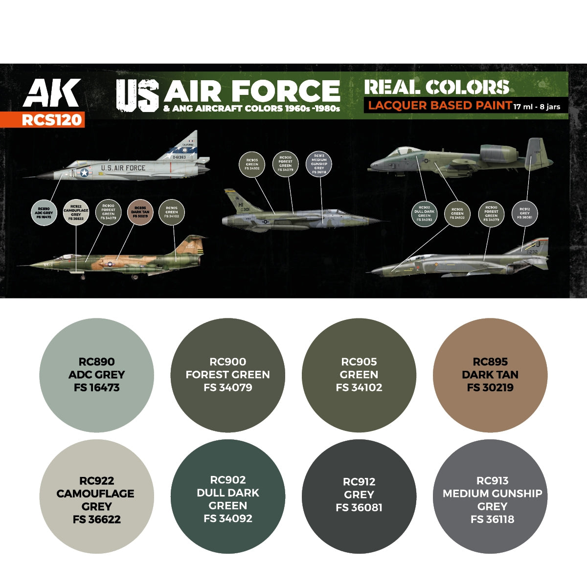 AK Interactive RCS120 Couleurs des avions de l&amp;#39;US Air Force et de l&amp;#39;ANG (années 1960-1980) 8 x 17 ml – image 2